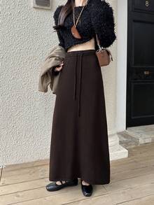 休闲风格高腰抽绳羊毛混纺针织A字裙，修身百搭，适合秋季 - 咖啡棕 - 查看 6