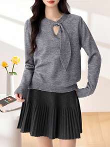 Grey Ribbon Sleeve Hollow Out Knit Sweater For Women, Soft Base Layer, Commuter Style, Autumn/Winter