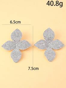STONEFANS 2pcs Floral Rhinestone Earrings, Exaggerated Sparkly Earrings, Unique Personalized Accessories For Women - Silver - View 3