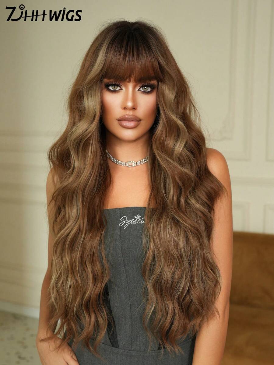 7JHH WIGS Stylish Golden Brown Ombre Wigs Extra Long Wavy Wig With Bangs Dark Roots, High Density Heat-Resistant Fiber Hair, Fluffy Natural Synthetic Wave Curly Wigs For Women Daily Party Use 28 Inch Wig Accessories - 漸層棕色 - 查看 1