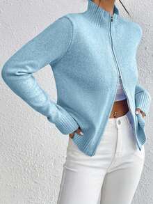 Womens Fall Long Sleeve Sweaters Casual Solid Color Stand Up Collar Knit Sweater For Spring Autumn Daily Office Wear - Blue - View 1