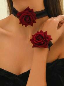 2pcs Vintage Rose Choker And Bracelet Set - Black Lace And Red Rose Jewelry Set For Girls - Gothic Lolita Jewelry Set