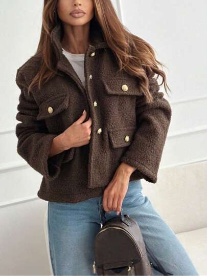 Women's Fashion Lapel Collar Fitted Short Lamb Wool Cardigan Jacket, Winter