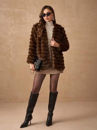 Damen Winter Braun Kunstpelz Mantel Elegant Langarm Plüschjacke Business Lässig