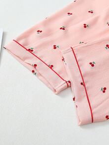 طقم بيجامة مطبوع بالكرز 2 قطعة، ملابس علوية بياقة وأزرار طويل الأكمام وبنطلون، ملابس نوم وملابس منزلية للنساء، مناسبة للخريف/الشتاء