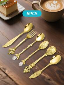 6pcs Coffee Spoon, Dessert Spoon, Gold Tea Spoon Set, Vintage Coffee Spoon Fruit Fork, Compact & Elegant Coffee Utensils, Dishwasher , Suitable For Coffee, Tea, Cake, Dessert, Ice Cream, Yogurt, Fruit, Great For Home, Kitchen, Restaurant, Cafe, Party, Christmas, Halloween, Easter, Dinnerware Set, Gift Set