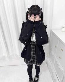 Women Cute Bunny Ear Long Sleeve Fuzzy Fluffy Rabbit Tops Sweatshirt Hoodie Coats - 弓黑色 - 查看 2