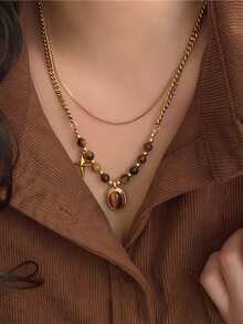 1 件/套复古虎眼石吊坠多层项链，休闲百搭女士颈链，秋冬女士最佳礼物 - 彩色 - 查看 2