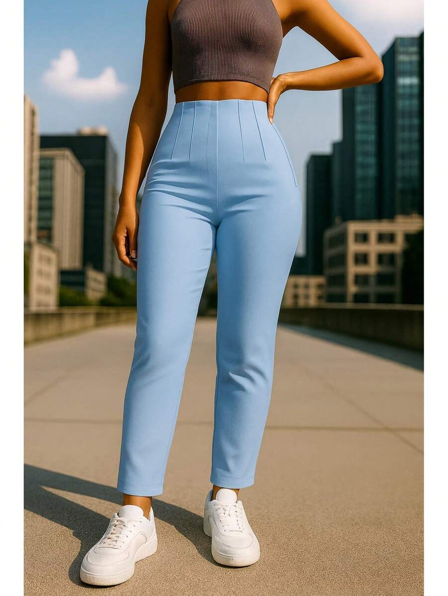 Stretch Pleated Trousers For Women - Blue - View 1