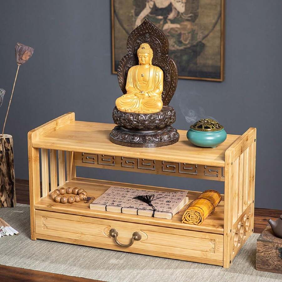 HOHOBLA Walnut Meditation Table Altar Table, Floor Table For Spiritual Low Japanese Tablé Puja Tablé With Drawer Zen Style Storage Cabinet Bamboo Coffee Tablé For Displaying Jars Books - 原色 - 查看 1