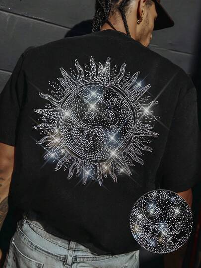 Camiseta de cuello redondo de manga corta casual y versátil con patrón de rhinestones para hombres, de verano