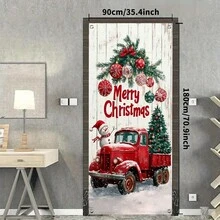 1pc 2D Christmas Door Banner - 180X90cm, Red Truck And Buffalo Plaid Design With Snowman, Holiday Home Decor, Christmas Decorations, No Power Required Room Decor Winter