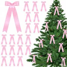 24 Pcs Pink Satin Ribbon Bows, Christmas Tree Bows Wreath Bows Rustic Large Tree Topper Bow For Door Windows Xmas Home Wedding Decorations Indoor Outdoor Christmas Decorations Winter Room Decor