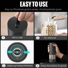 Electric Salt And Pepper Grinder, One Handed Operation With LED Light, Adjustable Thickness, C-Type Fast Charging Including USB Charging Cable, Black 70ml - Multicolor - View 6