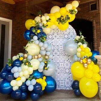 136pcs Lemon Balloon Garland Arch Kit, Yellow Royal Blue And Maca Blue Balloons For Lemonade Party Baby Shower Birthday Honeybee Party Supplies Bridal Shower Party Decoration
