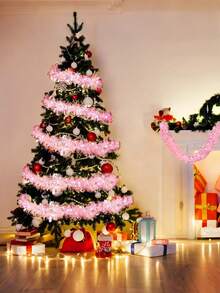 2 piezas, 200cm/78.74in Corona navideña brillante y metálica, corona de alambre metálico rosa con luces LED (blancas), cinta decorativa de peluche con lentejuelas, decoración colgante larga y brillante, adecuada para decoración navideña interior/exterior, fondo de fiesta. Decoración navideña, adorno de árbol de Navidad.