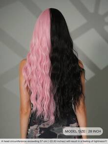 7JHH WIGS Stylish Half Black Half Pink Wigs Extra Long Wavy Wig With Bangs, High Density Heat-Resistant Fiber Hair, Fluffy Natural Synthetic Wave Curly Wigs For Women Halloween Party Use 28 Inch Cosplay Costume Wig Accessories - 拼色 - 查看 2