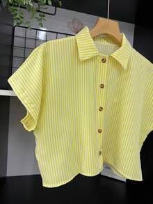 ELLIE Casual Striped Print Loose And Cropped Shirt - 黃色條紋 - 查看 3