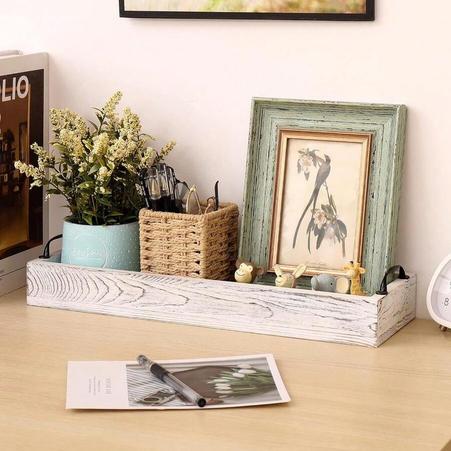 Rustic Wooden Serving Trays Rectangular With Handle,Ottoman Tray For Living Room 16 Inch Long For Serving Wine(Whitewashed)