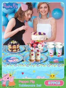 Hasbro 37pcs Official Peppa Pig Party Supplies Set, Including Tablecloth, Paper Cups, Paper Plates, Napkins, Cartoon Theme Birthday Party Disposable Tableware Set, Party Favors, Suitable For Christmas, Halloween And Other Holiday Celebrations And Gifts.