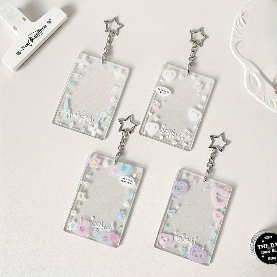 Girl Transparent Colorful Heart/Star 3inch Hard Card Holder ID Card Meal Card Bus Card Pendant Card Case Fan Girl Small Card Photo Protector - White Bow - View 1