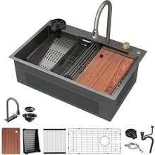 Drop In Kitchen Sink Workstation - 33x22in Kitchen Sinks Drop In Stainless Steel Single Bowl Handmade Topmount Sink With Cutting Board Waterfall Water Outlet