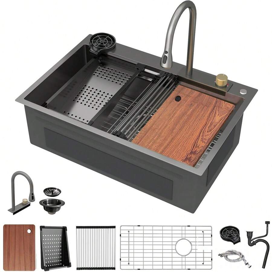 Drop In Kitchen Sink Workstation - 33x22in Kitchen Sinks Drop In Stainless Steel Single Bowl Handmade Topmount Sink With Cutting Board Waterfall Water Outlet