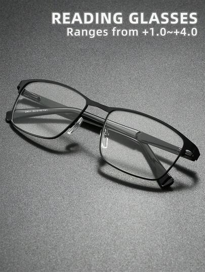 Unisex klassiska läsglasögon i minimalistisk stil för företag och kontor, nya fyrkantiga, halvbågade rostfria stålbågar, ultralätta läsglasögon, HD-ögonskydd, långvarigt slitage utan yrsel, lämpliga för läsning, sömnad, företag, kontor, daglig användning, sport, halkfria, datorer, bekväm förebyggande av ögontrötthet, praktisk bärbar design som passar olika ansiktsformer
