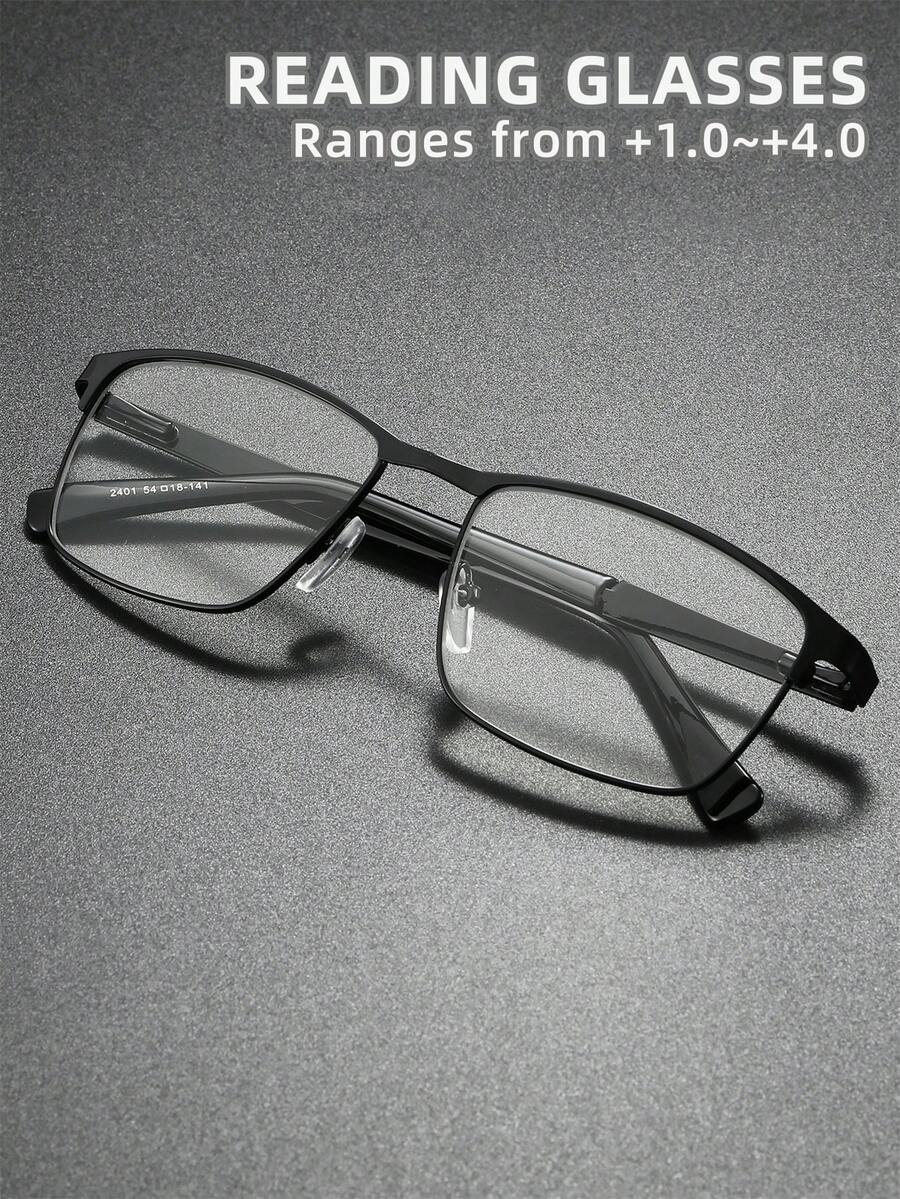 男女通用经典商务办公简约风格老花镜，新款方形眉框半框不锈钢镜架超轻老花镜，高清护眼，长时间佩戴不眩晕，适合阅读、缝纫、商务、办公、日常使用、运动，防滑，电脑使用，舒适防眼疲劳，便捷便携设计，适合各种脸型 - 透明色 - 查看 1