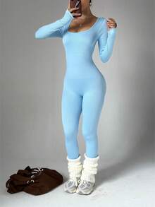 这款蓝色圆领长袖连体衣修身剪裁，腰部收紧，提臀，非常适合户外活动和日常穿着，黑色连体裤，女士冬装，女士健身服，女士跑步服，女士冬装， - 藍色 - 查看 6