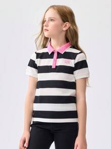 Balabala Children's Short Sleeve Girls' T-Shirt Summer Big Tween Girl Polo Shirt Casual Top Cool Antibacterial - Black and White - View 3