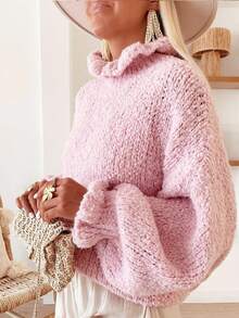 Women's Pink Faux Fur Ribbed Knit Pullover With Pleated Details, Long Sleeve, Regular Length, Suitable For Casual, Holiday, And Date Outings, Christmas Party Top, Fits For All Seasons. Elegant And Comfortable Pullover Knit - Pink - View 3