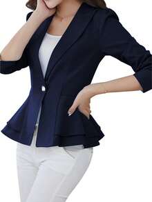 Women Work Office Blazer Solid Color Button Blazer Long Sleeve Business Blazer - 藏蓝色 - 查看 2