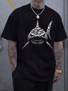 New Men's Casual Shark Print T-Shirt, Light Gray Short Sleeve Crew Neck Tee For Summer And Spring, Soft Pure Cotton Blend, Relaxed Fit, Outdoor Leisure Wear, Summer Casual Wear| Crew Neck Tshirt| Breathable Fabric - 黑色 - 查看 1