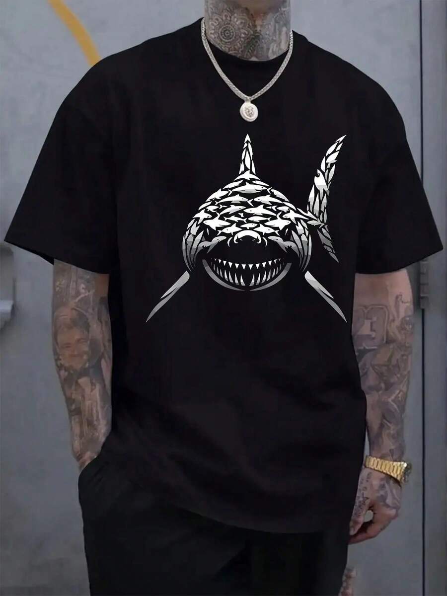 New Men's Casual Shark Print T-Shirt, Light Gray Short Sleeve Crew Neck Tee For Summer And Spring, Soft Pure Cotton Blend, Relaxed Fit, Outdoor Leisure Wear, Summer Casual Wear| Crew Neck Tshirt| Breathable Fabric - 黑色 - 查看 1