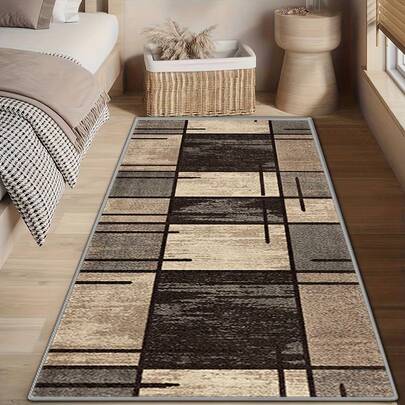 可水洗轻便现代几何图案地毯，米色/棕色/黑色/灰色可选 - 超长款，适用于走廊、客厅、卧室、办公室 - 涤纶材质，奢华家居装饰，客厅、浴室、厨房装饰地毯