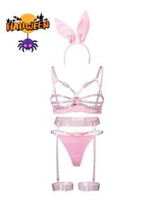 6pcs Cosplay Bunny Girl Halloween Costumes>Sexy Temptation Lingerie Set Stripper Outfits Party Outfit Black Or Pink Bandage Hollow Out Cozy Bra And Rabbit Plush Tail Panty Set Breast Gathers Pure Desire Underwear For Girls And Women Gift For Her - 粉色 - 查看 3