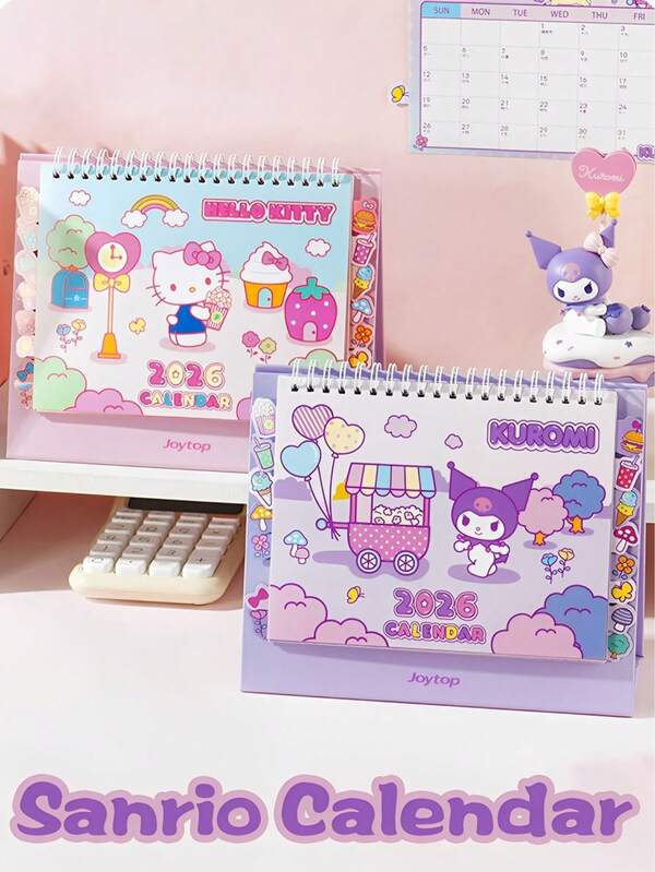 Calendário/Calendário de Mesa 2026. Data (outubro de 2025 - dezembro de 2026). Memorando de Índice de Alunos, Enfeite de Mesa de Escritório, Calendário Sanrio. Hello Kitty, Kuromi, My Melody e Big Eared Dog. Calendário de Mesa.