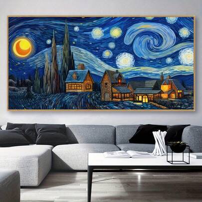 1 幅梵高风格星夜帆布艺术乡村小屋星空海报，防水无味墙面装饰，适用于卧室、客厅、宿舍，无框架 50x100 厘米/19.68x39.37 英寸