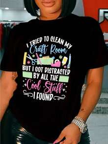 Women's Black Graphic Print Crew Neck T-Shirt -,I TRIED To CLEAN MY Craft Room...; Humorous Craft Supplies Design, Short Sleeve Casual Top, Business Casual Woman All-Season Comfort For Crafters, DIY Enthusiasts, Crafting Enthusiast Apparel - Black - View 1