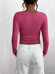 Women's Autumn Long-Sleeved Henry Shirt T-Shirt Button Ribbed Knit Fashion Tight Basic Top Shirt - Màu Hồng Tươi - Xem 6