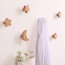 1pc Solid Wood Wall Hook, Wall Hanging Clothes Hook, Star Moon Cloud Cartoon Hook - Multicolor - View 5