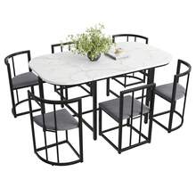 Dining Table And Chairs Set Of 6, Table With Gray Upholstered Chairs, Modern Dining Room Set With Gold-Colored Iron Frame And Backrests - 白色+灰色+黑色 - 查看 5