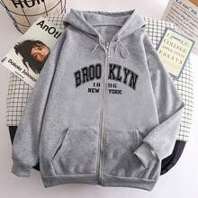 Sudadera con capucha y cordón ajustable con estampado de letras, chamarra con cierre completo y forro polar, abrigo con capucha, ropa deportiva para mujer - otoño e invierno - Gris Claro - Ver 1