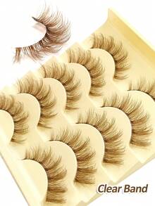 5 Pairs Cartoon Style Brown False Eyelashes, Natural & Lightweight, Delicate & Soft, Create Natural Cat Eye Makeup, Transparent Lash Band, Reusable, 3D Fluffy Cat Eye Effect - Cat Elf Eyelashes - View 3