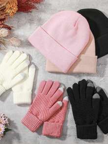 1pc Unisex Winter Knitted Hat, Outdoor Cycling Warm Cold-Proof Hat, Ski Hat And Gloves Solid Color Set, Suitable For Daily Commuting, Skiing, Cycling, Etc., Knitted Hat, Hat, Women's Hat, Men's Hat Fall