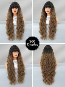 7JHH WIGS Olive Brown Ombre Wig Loose Extra Long Wavy Wigs For Women, Synthetic Wave Curly Wig With Bangs Dark Roots Hairline, Silky Soft Heat Resistant Fiber Hair For Daily Wear, Music Festivals Celebrations Party Use 30 Inch - 鏽棕色 - 查看 6