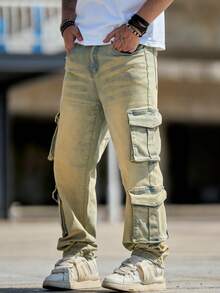 Quần Jeans Denim Ống Loe Cổ Điển Cỡ Lớn Cho Nam, Quần Jeans Công Sở Ôm Vừa Nhiều Túi, - Đồng - Xem 6