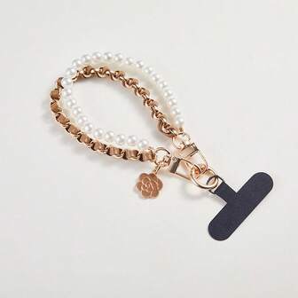 1 件奢华复古香氛珍珠链手机挂绳 + 腕夹手机链吊坠，适合通用手机壳和钥匙扣