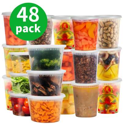 [48 Pieces] Food Storage Containers - 16 Ounces, 24 Ounces, 32 Ounces, Transparent Plastic Containers (With Lids), Suitable For Storing Salads, Soups, Three Meals A Day, Etc. | Stackable | Leak-Proof, Suitable For Microwave Ovens / Dishwashers, Very Suitable For Occasions Such As Halloween/Christmas Parties, Camping Trips, School Start-Up Parties, Etc.
